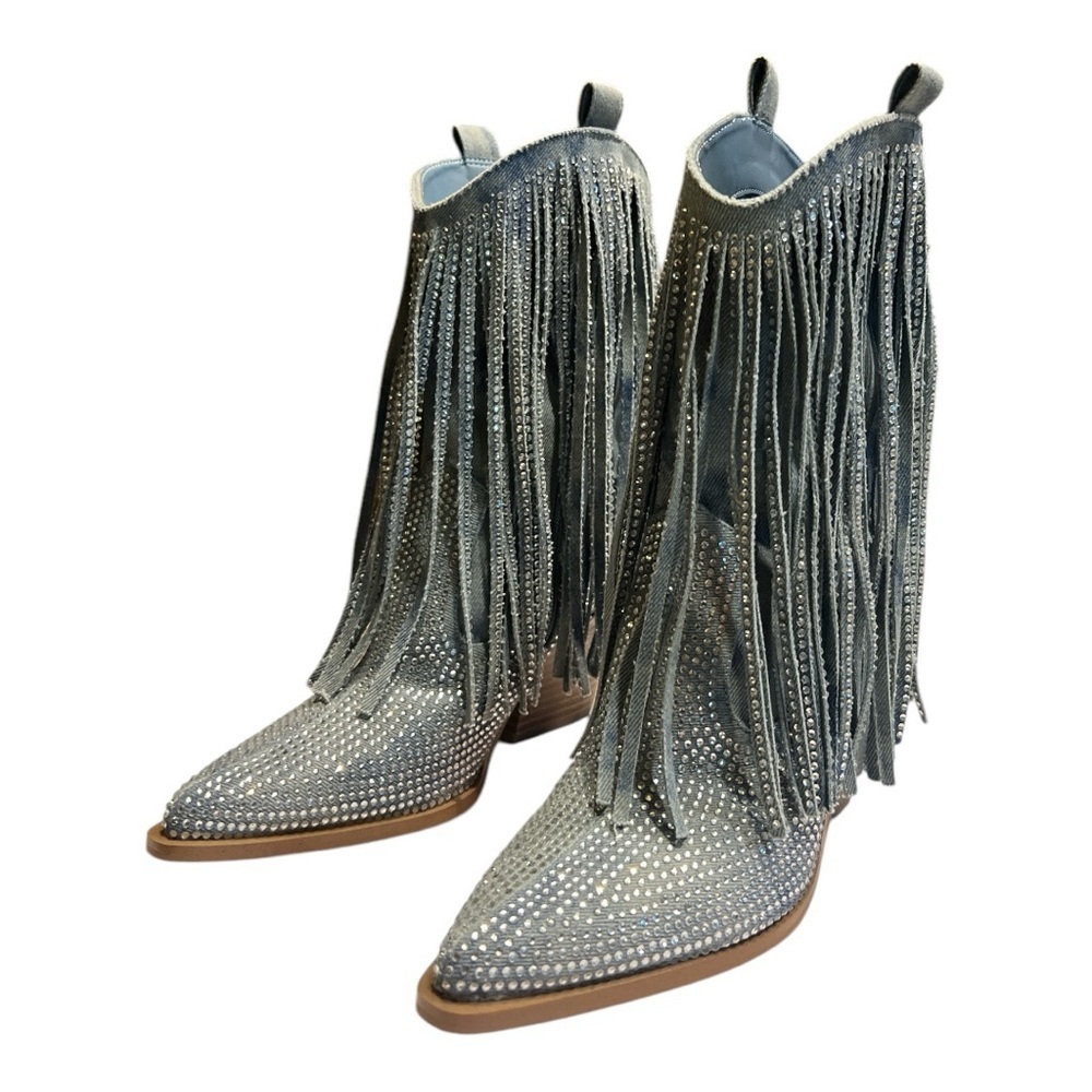 NWT’S Box Jessica Simpson Paredisa Fringe Rhinestone Bootie in Denim Blue SZ 7.5